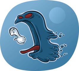 Naklejka premium A tiny, cartoon ghost fleeing a larger, angry, evil demon ghost.