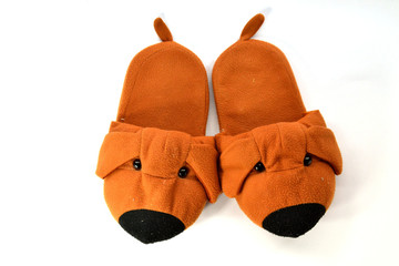 Brown dog slipper on white background