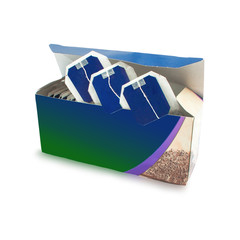 box with black tea in paper bags