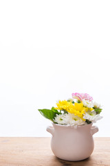 Beautiful Chrysanthemum and pink Carnation flowers bouquet in po
