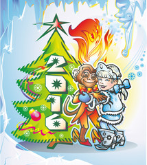 2016 FIRE MAKAKA b   животное примат макака с огнем и девочка снегурочка танцуют у елки с датой 2016 год 