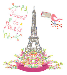 Fototapeta na wymiar Travel to Paris cute poster with flowers and bird
