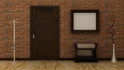 Obraz na płótnie Canvas Empty picture frames in classic interior entrance background on the decorative brick wall with wooden floor. Copy space image. 3d render