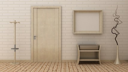 Empty picture frames in classic interior entrance background on the decorative brick wall with wooden floor. Copy space image. 3d render