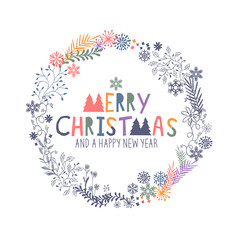 Merry Christmas Wreath with snowflakes and floral patterns. Vector illustration