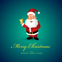 Funny Santa Claus character with golden bell.  Merry Christmas card. Blue vector background