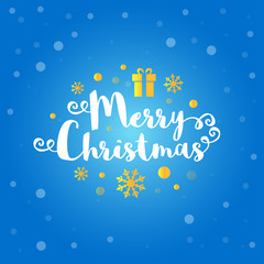 Merry Christmas text with golden snowflakes, present on deep blue background. Vector illustration