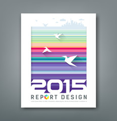 Cover Annual report flying birds and silhouette building on colorful 