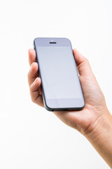 Female hand holding a smart phone, isolated on white