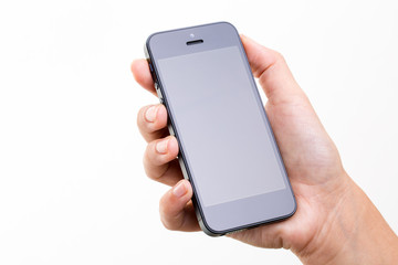 Female hand holding a smart phone, isolated on white