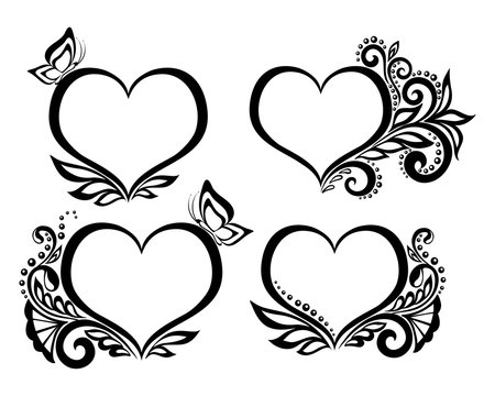 Set of beautiful black-and-white symbol of a heart with floral design and butterfly.