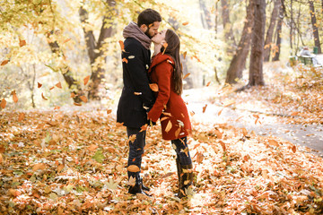 Nice concept for young couple in autumn park