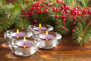 Candles and branch of christmas tree