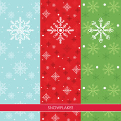 Vector Illustration of Snow Flakes in Three Colors Background: Blue Red and Green for Christmas and Winter