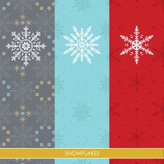 Vector Illustration of Snow Flakes in Three Colors Background: Blue Red and Green for Christmas and Winter