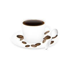 Coffee cup, spoon and coffee beans isolated on a white background.