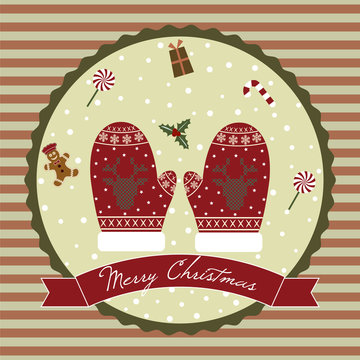 Merry christmas design within a circle with Christmas gloves, candies and snowflakes
