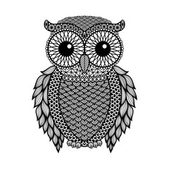 Fototapeta premium Zentangle stylized Black Owl. Hand Drawn vector illustration isolated on white background. Vintage sketch for tattoo design or mehandi.
