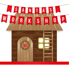 Santa Claus making Christmas gifts at Santa's workshop. The wooden house with a ladder and a Christmas wreath..