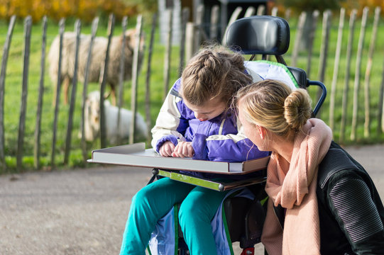 Disabled girl in a wheelchair relaxing outside with the animals / Disabled girl in a wheelchair relaxing outside with animals and help from a care assistant