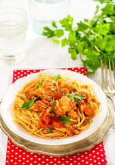 Pasta spaghetti with tuna, capers in tomato sauce