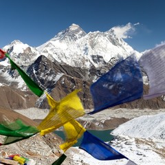 Mount Everest with buddhist prayer flags from Renjo La