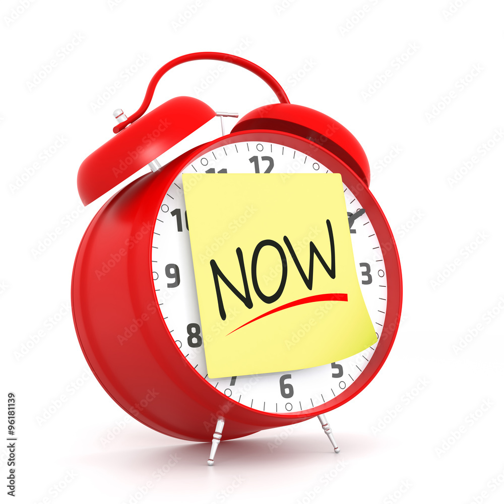 Poster red alarm clock with now yellow sticky. 3d rendering