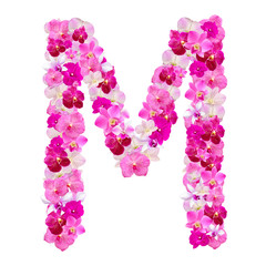 Letter M from orchid flowers isolated on white with working path