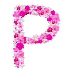 Letter P from orchid flowers isolated on white with working path