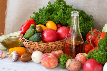 Fresh Russian vegetables and fruits in a basket.