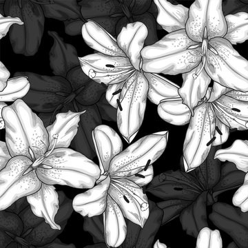 Beautiful monochrome, black and white seamless background with lilies.
