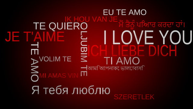 I love you multilingual tag word cloud - red background. Loop able. 4k UHD.