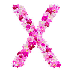 Letter X from orchid flowers isolated on white with working path