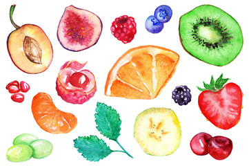 Watercolor kiwi strawberry blueberry blackberry raspberry orange banana grape mint mandarin cherry lychee fig plum pomegranate fruit berry set isolated
