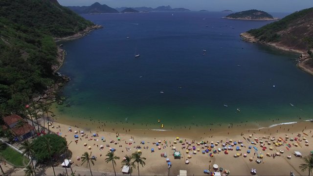 Flying over Praia Vermelha (Red Beach) in Rio de Janeiro, Brazil