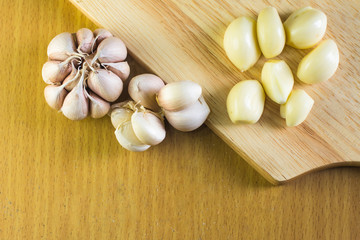 garlic on wood ,selective focus