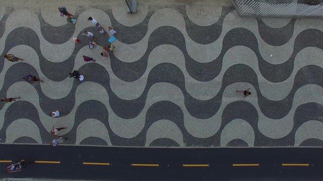 Top View of Copacabana beach with mosaic of sidewalk in Rio de Janeiro. Brazil