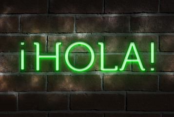 Green neon sign on brick wall with the Spanish word "hola", meaning "hello" © Rex Wholster