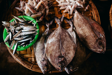Raw fish sliced and cut at street market