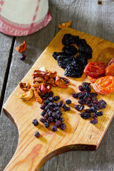 Various dried fruits: apricots, raisins, prunes, dried apples an