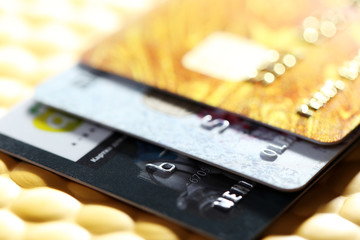 Credit cards on golden background