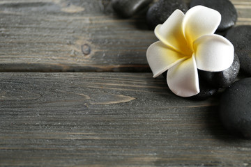 Fototapeta na wymiar White plumeria flower with pebbles on wooden background