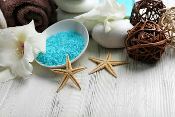 Spa set on wooden table closeup