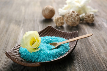 Spa set on wooden table closeup