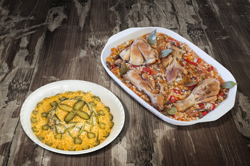 Oven Baked Vegetable Stew with Chicken Meat, and Bowl of Garnished Russian Salad, on  Old, Lacquered, Peeled off Wooden Table.