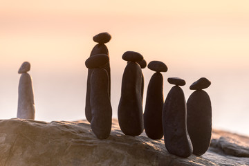 White stone confront to black group on the seashore