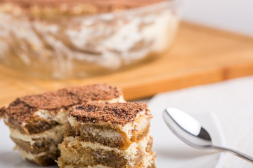 Tiramisu Cake On Plate Close Up