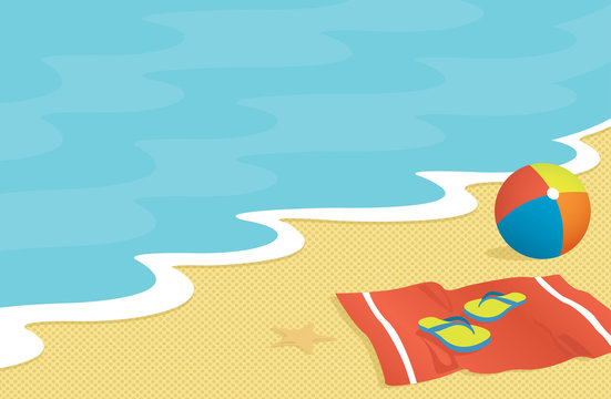 Beach scene with towel, flip-flops, and beach ball
