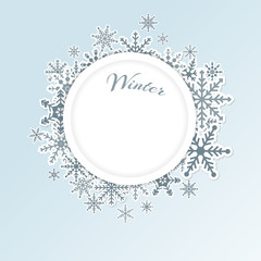 Winter light blue circle frame background with snowflakes