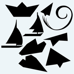 Origami plane and ship. Isolated on blue background. Vector silhouettes